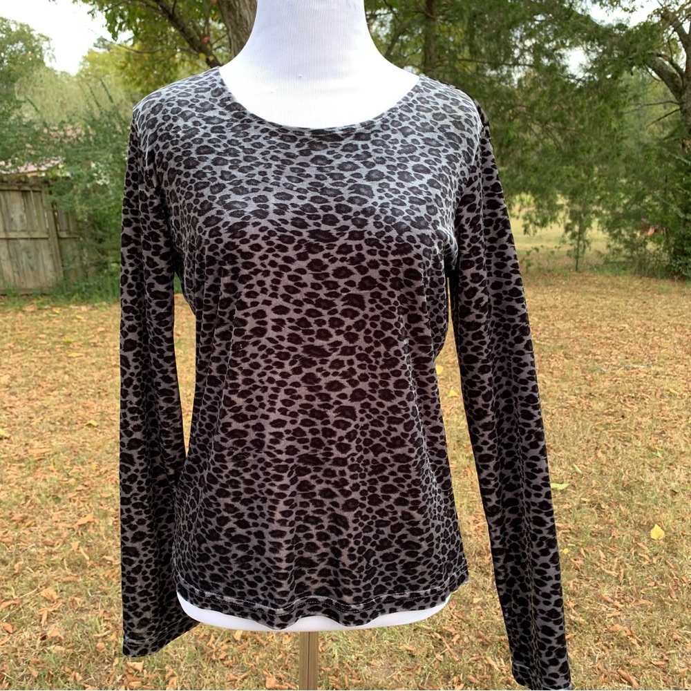 Grey Silver Velvet Leopard Long Sleeve Top Vintage Small Petite Style & Co.